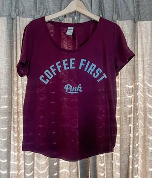 Y2K PINK Victoria's Secret Women's 'Coffee First' Deep Wine Tee Size Large thumbnail 1