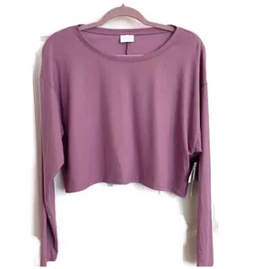 NEW Abound 𝅺RIBBED Cropped boxy tee top Long Sleeve Purple MEDIUM thumbnail 2