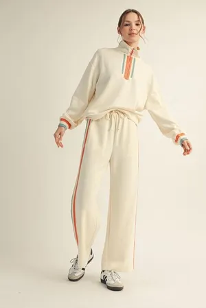 JODIFL Striped Detail Quarter-Zip Pullover and Straight Leg Sweatpants Matching Set Cream Multi thumbnail 2