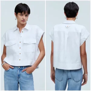 Madewell Womens Flap-Pocket Button Up Linen Shirt S Eyelet White Quiet Luxury thumbnail 2