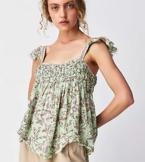 Free People Green Floral Babydoll Top thumbnail 1