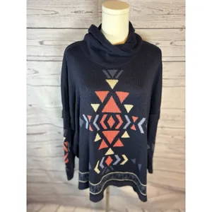J. Jill oversized poncho style Aztec navy blue turtleneck sweater MP lovely!! thumbnail 2