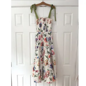 Prosperina Floral Smocked Midi Dress XS White Poppy Tiered Tie Strap Pockets thumbnail 3