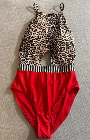 Leopard Print Cut Out‎ One Piece Swimsuit Red Bottom Striped Waistband Monokini thumbnail 1