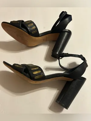 Cole Haan Black Leather Heeled Sandals with Gold Cutouts thumbnail 5