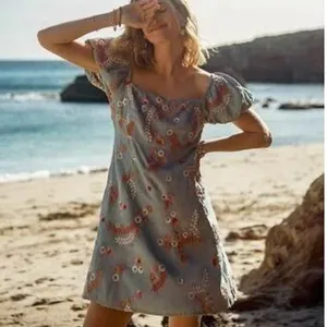 Let Me Be Anthropologie Laurel Floral Embroidered Mini Dress Blue Puff Sleeve XS thumbnail 2