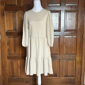 Draper James RSVP Tiered Skater Dress Gold Cream Houndstooth Shimmer Medium‎ M thumbnail 2
