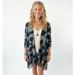XCVI Women's L Cotton Fringe Open Crochet Knit Cardigan Sweater Bleached Tie Dye thumbnail 14