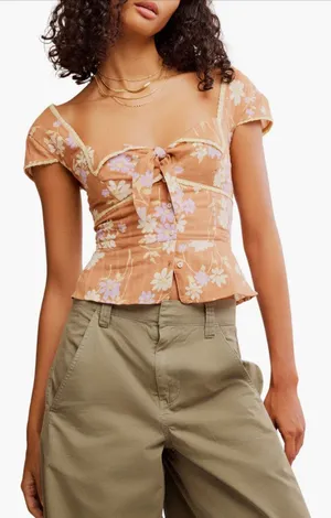 Free People‎ Call Me Baby Cap Sleeve Button Up Shirt in Meerkat Combo Size Large thumbnail 1