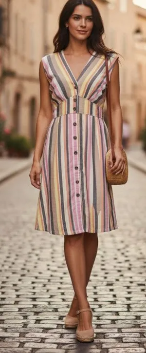 LOFT Multicolor Vertical Striped Button Front V-Neck Summer Dress 4 Petite thumbnail 1