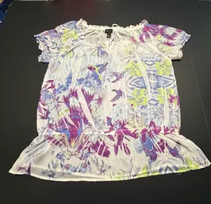 AB Studio White Floral Off-Shoulder Top with‎ Purple & Lime Accents thumbnail 1