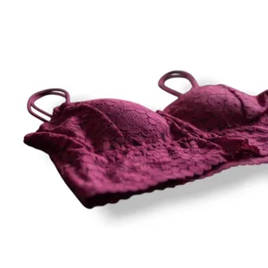 Maroon Floral Lace Bralette Crop Top Double Spaghetti Strap V-Neck Scalloped thumbnail 5