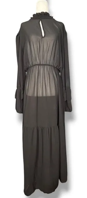 Black Sheer Maxi Dress Ruffle High Neck Tiered Long Sleeve Goth Victorian Witchy thumbnail 1