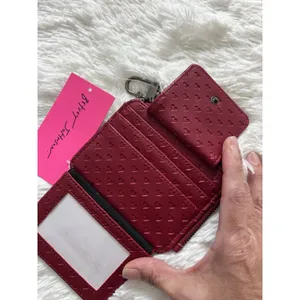 NWT Betsey Johnson Cranberry Red Embossed Hearts Card Case Wallet Keychain Clip thumbnail 6