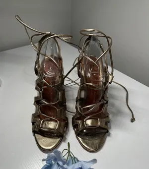 ALDO Metallic Gold Lace Up Gladiator Stiletto Sandals Leather Sole Womens 37‎ thumbnail 1