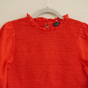 J. Crew Small Smocked Top Bright Red Puff Sleeve Ruffle Neck Organic Cotton thumbnail 2
