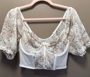 Floral Embroidered Corset Bustier Crop Top Puff Sleeve Milkmaid Cottagecore thumbnail 1