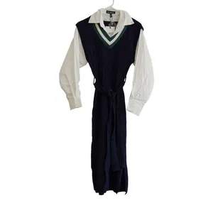 En Saison Navy Cable‎ Knit Sweater Vest Shirt Dress Mixed Media Midi XS NEW thumbnail 3