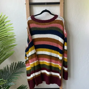 Favlux Multicolor Striped V-Neck Sweater in Burgundy, Navy & Mustard thumbnail 5