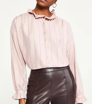 Ann Taylor pinstripe ruffle neck blouse thumbnail 1