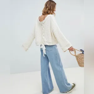 Free People | Lace Up Back Oversized Waffle Knit Sweater Ivory Small thumbnail 3
