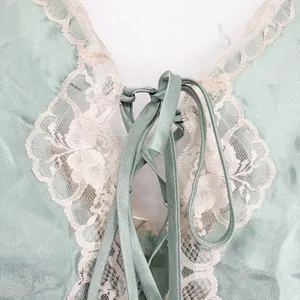 NWT Delicates Womens Sage Lace Trim Fairycore Vintage Satin Teddy Bodysuit Large thumbnail 4