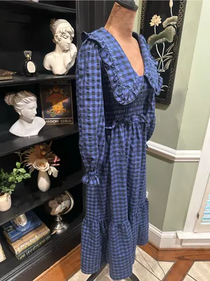 MANGO Blue & Black Gingham Smocked Babydoll Dress – Size 2 thumbnail 14