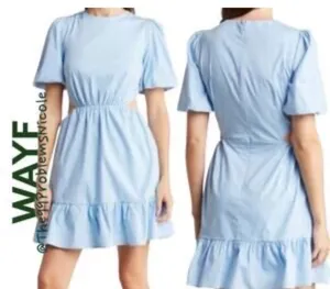 This WAYF puff sleeve wayf dress features a light blue color and side cutouts. thumbnail 2