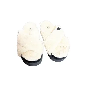UGG Fuzz Sugar Cream Black Cross Platform Slip On Slide Slippers Women’s Size 9 thumbnail 3