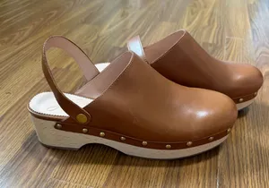 NWOT J. Crew Grace Convertible Clogs Brown Leather Studded Wood Sole 8.5. thumbnail 1
