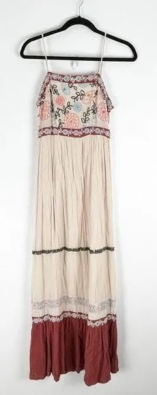 ALTAR’D STATE Cream Spaghetti Straps Embroidered Front Smocked Back Tiered Dress thumbnail 1