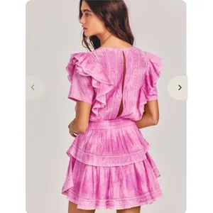 LoveShackFancy Natasha Mini Dress Begonia Hand Dye Pink Ruffle Lace Size M thumbnail 4