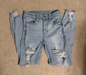 American Eagle Light Wash Distressed Cropped High Rise Jeggings thumbnail 1