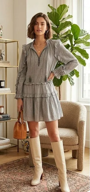 Ulla Johnson Grey Cotton Tiered Mini Dress Womens 6 Boho Romantic Casual Cottage thumbnail 1