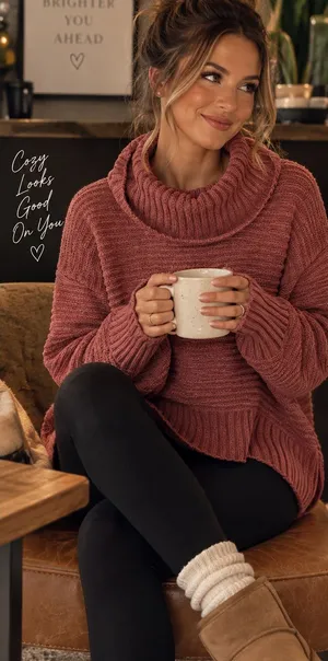 Pink Rose Dusty Rose Cowl Neck Knit Sweater thumbnail 1