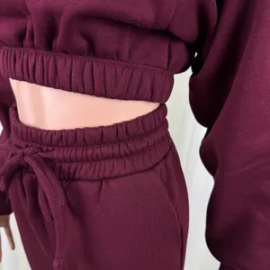 Zenana 2 Pcs Crop Sweatshirt Tracksuit Jogger Pants Set Outfit Active Loungewear Burgundy Size XS thumbnail 7