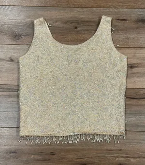 Vintage Y2k 100% Wool Cream Beaded Tank Top W/ Fringe Hem | Size Small thumbnail 1