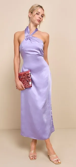 Lulus Perfectly Sleek Lavender Satin Halter Slip Midi Dress Holiday Elegant XS thumbnail 1