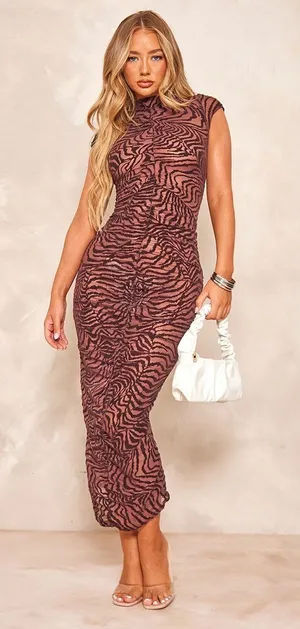 PrettyLittleThing Brown Mesh Animal Zebra Print High Neck Maxi Bodycon Dress 4 thumbnail 1
