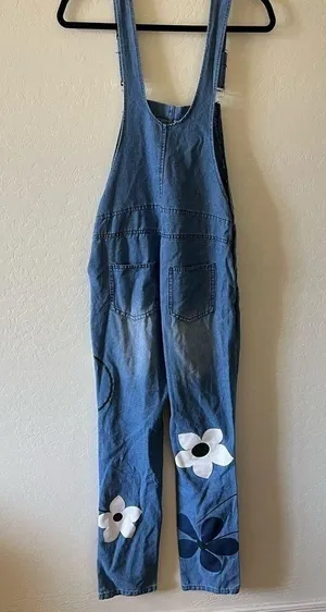 Denim overalls with flowers Blue thumbnail 2