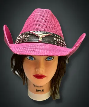 Silver Rodeo Women's Pink Straw Cowboy Hat with Studded Western Band thumbnail 1