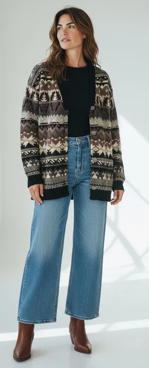 Vintage R.E.I. 100% Wool Fair Isle Knit Cardigan in Black, Brown & Cream thumbnail 1