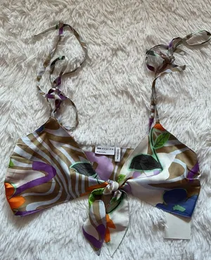 Silk Tie-Front Floral Print Crop Top - Purple & Brown thumbnail 1