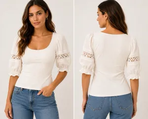Free People NWT $68 Something Special Top White Ribbed Knit Puff Sleeve Ruffle thumbnail 2