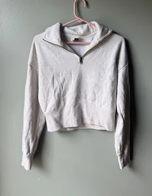 Cropped Quarter Zip Sweatshirt Small Oatmeal Heather Fleece Casual Athleisure thumbnail 1