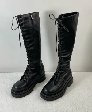 Nasty Gal Black Lace-Up Knee High Boots Size 5 thumbnail 1