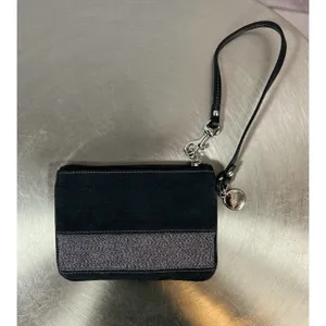 Vtg Coach Signature Black Jacquard Wristlet Metallic Silver Stripe Zip Pouch thumbnail 2