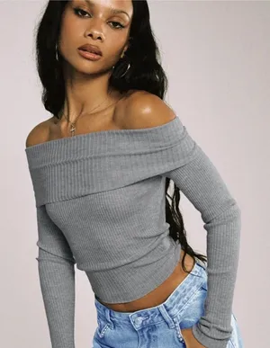 Princess Polly Morley Off Shoulder Sweater in Grey Marle‎ Size M/L thumbnail 1