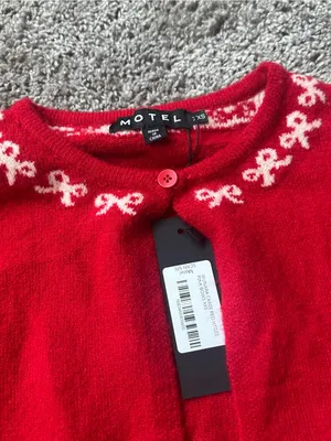Motel Rocks Red Cropped Cardigan with White Bow Detail thumbnail 3