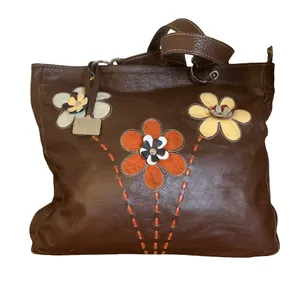 Arte Piel Brown Handcrafted W/Applique Flowers Leather Tote Shoulder Bag thumbnail 6
